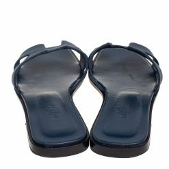 Hermes Navy Blue Leather Oran Flat Slides Size 37.5 For Women -Deals Hermes Store luxury women hermes used shoes p586579 003