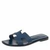 Hermes Navy Blue Leather Oran Flat Slides Size 37.5 For Women -Deals Hermes Store luxury women hermes used shoes p586579 006