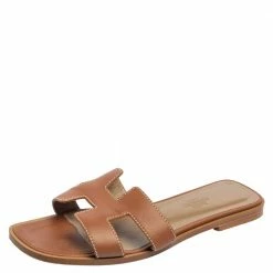 Hermes Brown Leather Oran Flat Sandals 36.5 For Women