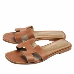 Hermes Brown Leather Oran Flat Sandals 36.5 For Women -Deals Hermes Store luxury women hermes used shoes p586708 006