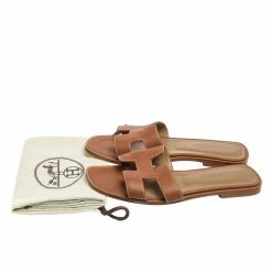 Hermes Brown Leather Oran Flat Sandals 36.5 For Women -Deals Hermes Store luxury women hermes used shoes p586708 007