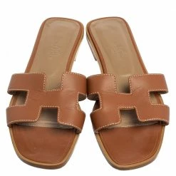 Hermes Brown Leather Oran Flat Sandals 36.5 For Women -Deals Hermes Store luxury women hermes used shoes p586708 008