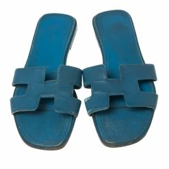 Hermes Blue Leather Oran Flat Sandals 39 For Women -Deals Hermes Store luxury women hermes used shoes p589120 009