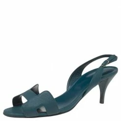 Hermes Teal Blue Leather Night Slingback Sandals Size 40 For Women