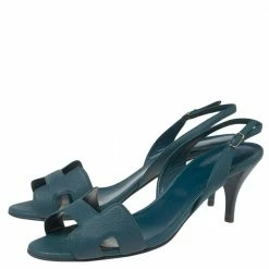 Hermes Teal Blue Leather Night Slingback Sandals Size 40 For Women -Deals Hermes Store luxury women hermes used shoes p589129 005