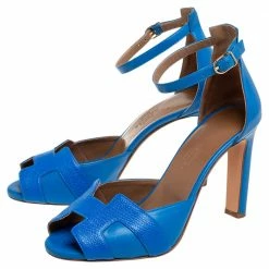 Hermes Blue Leather Highlight Ankle-Strap Sandals Size 37.5 For Women -Deals Hermes Store luxury women hermes used shoes p590255 001
