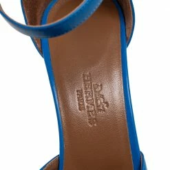 Hermes Blue Leather Highlight Ankle-Strap Sandals Size 37.5 For Women -Deals Hermes Store luxury women hermes used shoes p590255 004