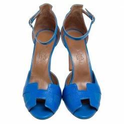 Hermes Blue Leather Highlight Ankle-Strap Sandals Size 37.5 For Women -Deals Hermes Store luxury women hermes used shoes p590255 005