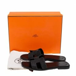 Hermes Black Crystal Suede Oran Flat Slides Size 37 For Women -Deals Hermes Store luxury women hermes used shoes p590267 001