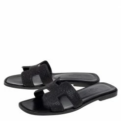 Hermes Black Crystal Suede Oran Flat Slides Size 37 For Women -Deals Hermes Store luxury women hermes used shoes p590267 002