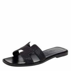 Hermes Black Crystal Suede Oran Flat Slides Size 37 For Women