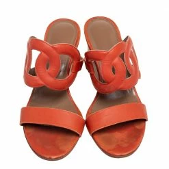 Hermes Orange Leather Brulee Peace Slide Sandals Size 38 For Women -Deals Hermes Store luxury women hermes used shoes p591762 006