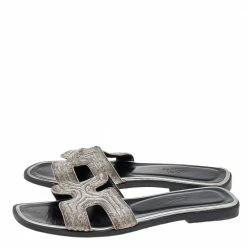 Hermes Silver Twisted Metal Thread Oran Flat Slides Size 36 For Women -Deals Hermes Store luxury women hermes used shoes p592437 002