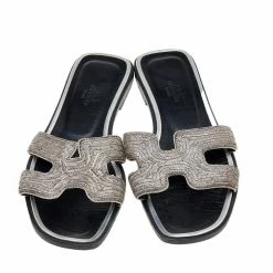 Hermes Silver Twisted Metal Thread Oran Flat Slides Size 36 For Women -Deals Hermes Store luxury women hermes used shoes p592437 004
