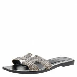 Hermes Silver Twisted Metal Thread Oran Flat Slides Size 36 For Women