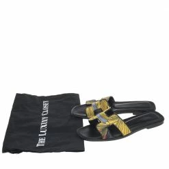 Hermes Black/Yellow Printed Satin Oran Slide Sandals Size 37 For Women -Deals Hermes Store luxury women hermes used shoes p592840 006