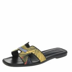 Hermes Black/Yellow Printed Satin Oran Slide Sandals Size 37 For Women
