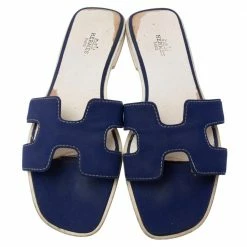 Hermes Blue Fabric Oran Flat Sandals 39 For Women -Deals Hermes Store luxury women hermes used shoes p592850 004