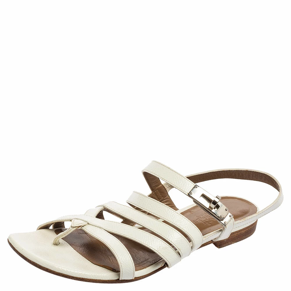 Hermes White Patent Leather Marine Strappy Flat Sandals Size 37 For Women 4 Hermes White Patent Leather Marine Strappy Flat Sandals Size 37 For Women - Image 2
