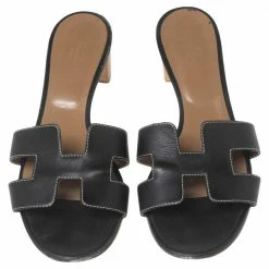 Hermes Black Leather Oasis Block Heel Slide Sandals Size 41 For Women -Deals Hermes Store luxury women hermes used shoes p596611 003