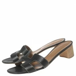 Hermes Black Leather Oasis Block Heel Slide Sandals Size 41 For Women -Deals Hermes Store luxury women hermes used shoes p596611 008