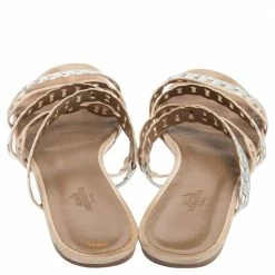 Hermes Beige/Silver Suede And Leather D'ancre Chaine Flat Sandals Size 41 For Women -Deals Hermes Store luxury women hermes used shoes p596694 006