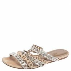 Hermes Beige/Silver Suede And Leather D'ancre Chaine Flat Sandals Size 41 For Women