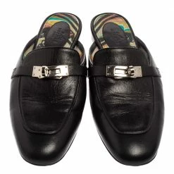Hermes Black Leather Palladium Plated Oz Mule Sandals Size 38 For Women -Deals Hermes Store luxury women hermes used shoes p598211 008