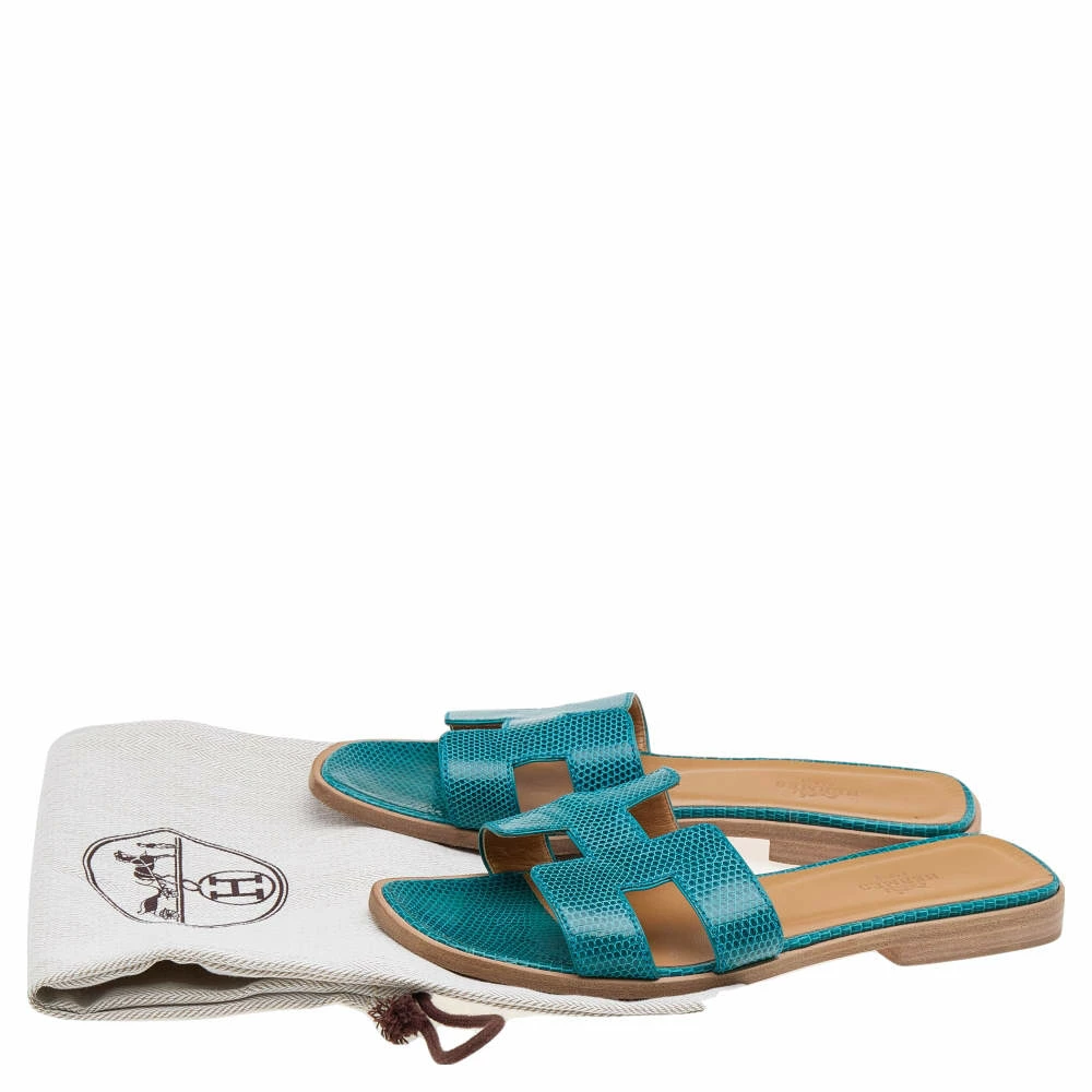 Hermes Blue Lizard Leather Oran Flat Slides Size 36 For Women 11 Hermes Blue Lizard Leather Oran Flat Slides Size 36 For Women - Image 9