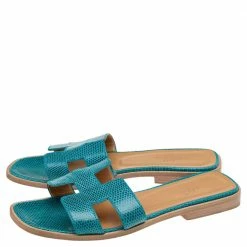 Hermes Blue Lizard Leather Oran Flat Slides Size 36 For Women 14 Hermes Blue Lizard Leather Oran Flat Slides Size 36 For Women -Deals Hermes Store luxury women hermes used shoes p599579 003