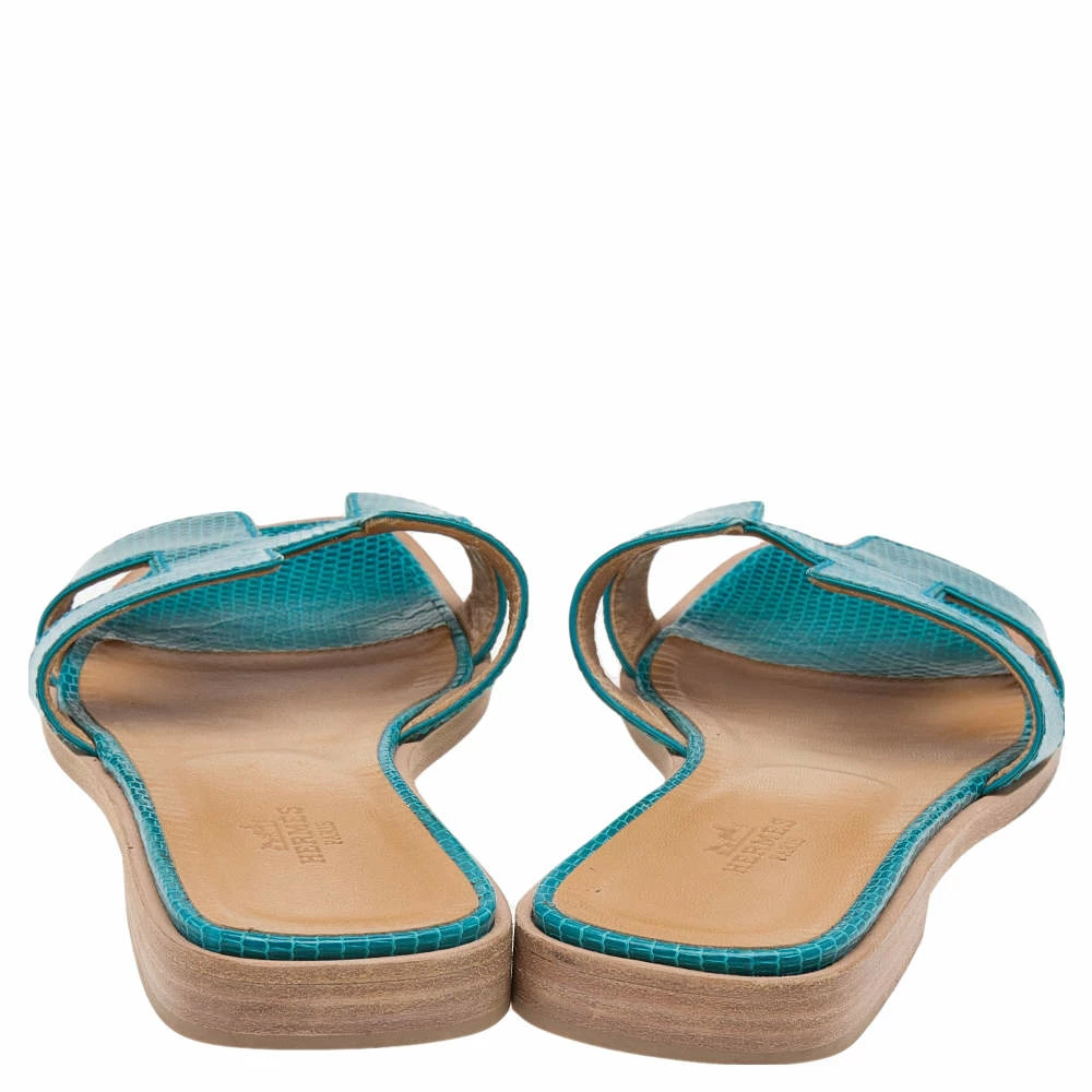 Hermes Blue Lizard Leather Oran Flat Slides Size 36 For Women 7 Hermes Blue Lizard Leather Oran Flat Slides Size 36 For Women - Image 5