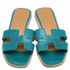 Hermes Blue Lizard Leather Oran Flat Slides Size 36 For Women 13 Hermes Blue Lizard Leather Oran Flat Slides Size 36 For Women -Deals Hermes Store luxury women hermes used shoes p599579 005
