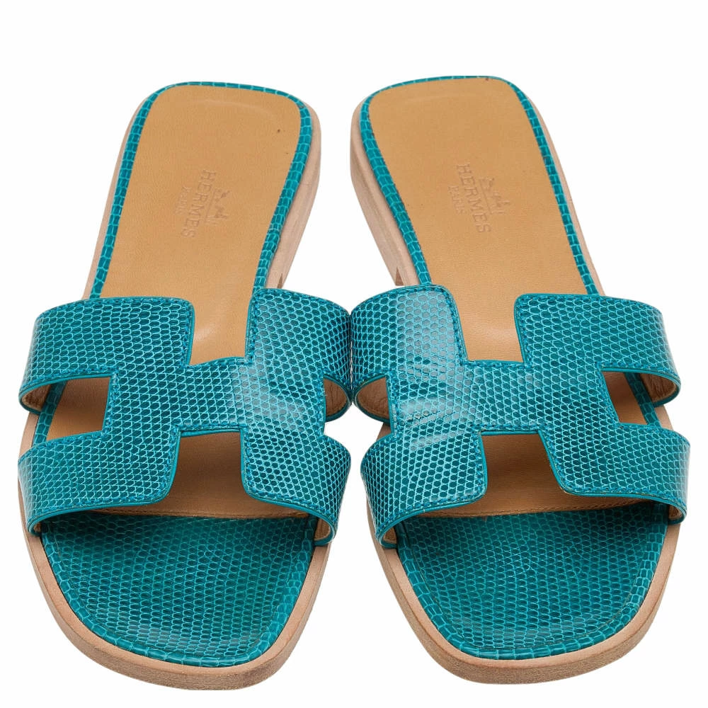 Hermes Blue Lizard Leather Oran Flat Slides Size 36 For Women 5 Hermes Blue Lizard Leather Oran Flat Slides Size 36 For Women - Image 3