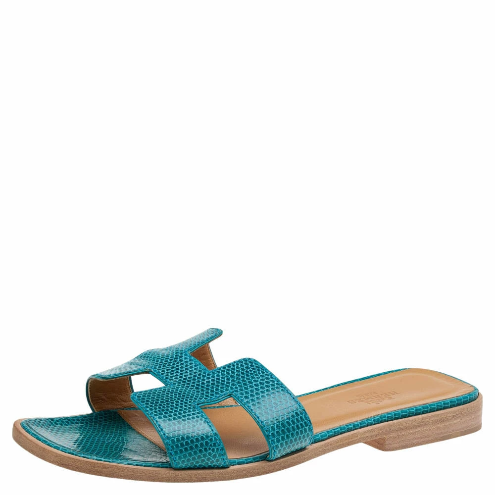 Hermes Blue Lizard Leather Oran Flat Slides Size 36 For Women 3 Hermes Blue Lizard Leather Oran Flat Slides Size 36 For Women