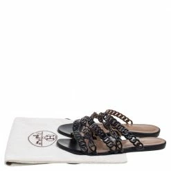 Hermes Black Leather Chain D'ancre Flat Sandals Size 38 For Women -Deals Hermes Store luxury women hermes used shoes p600834 006