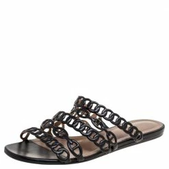 Hermes Black Leather Chain D'ancre Flat Sandals Size 38 For Women