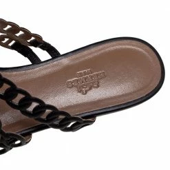 Hermes Black Leather Chain D'ancre Flat Sandals Size 38 For Women -Deals Hermes Store luxury women hermes used shoes p600834 010