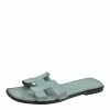 Hermes Sea Green Patent Leather Oran Flat Sandals Size 38 For Women