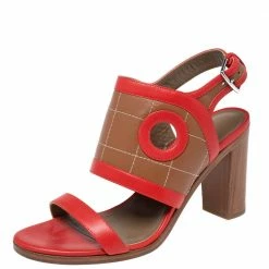 Hermes Red/Brown Leather Slingback Sandals Size 38 For Women