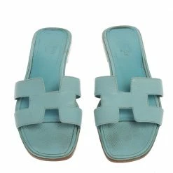 Hermes Sky Blue Leather Oran Sandals Size 37.5 For Women 12 Hermes Sky Blue Leather Oran Sandals Size 37.5 For Women -Deals Hermes Store luxury women hermes used shoes p606885 003