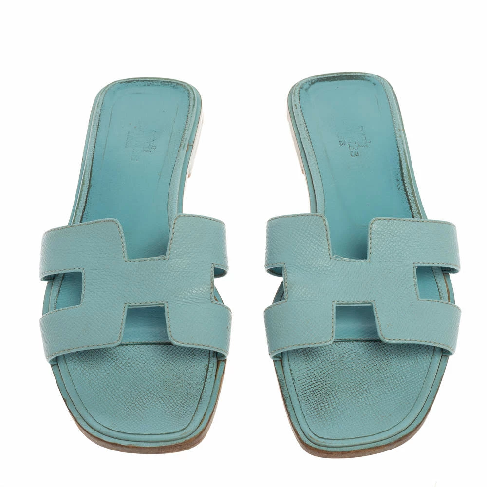 Hermes Sky Blue Leather Oran Sandals Size 37.5 For Women 5 Hermes Sky Blue Leather Oran Sandals Size 37.5 For Women - Image 3