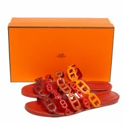 Hermes Multicolor Leather Chaine D'Ancre Flat Slides Size 37.5 For Women -Deals Hermes Store luxury women hermes used shoes p606936 001