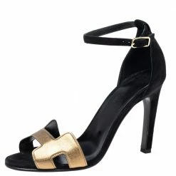 Hermes Gold/Black Leather And Suede Premiere Ankle-Strap Sandals Size 36 For Women