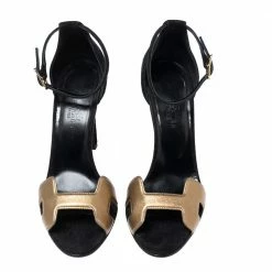 Hermes Gold/Black Leather And Suede Premiere Ankle-Strap Sandals Size 36 For Women -Deals Hermes Store luxury women hermes used shoes p608802 008