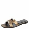 Hermes Gold Leather Oran Flat Sandals Size 38 For Women