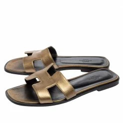 Hermes Gold Leather Oran Flat Sandals Size 38 For Women -Deals Hermes Store luxury women hermes used shoes p610160 006