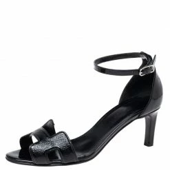 Hermes Black Patent Premiere Ankle Strap Sandals Size 38.5 For Women