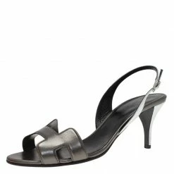 Hermes Grey Metallic Leather Night Slingback Sandals Size 39.5 For Women