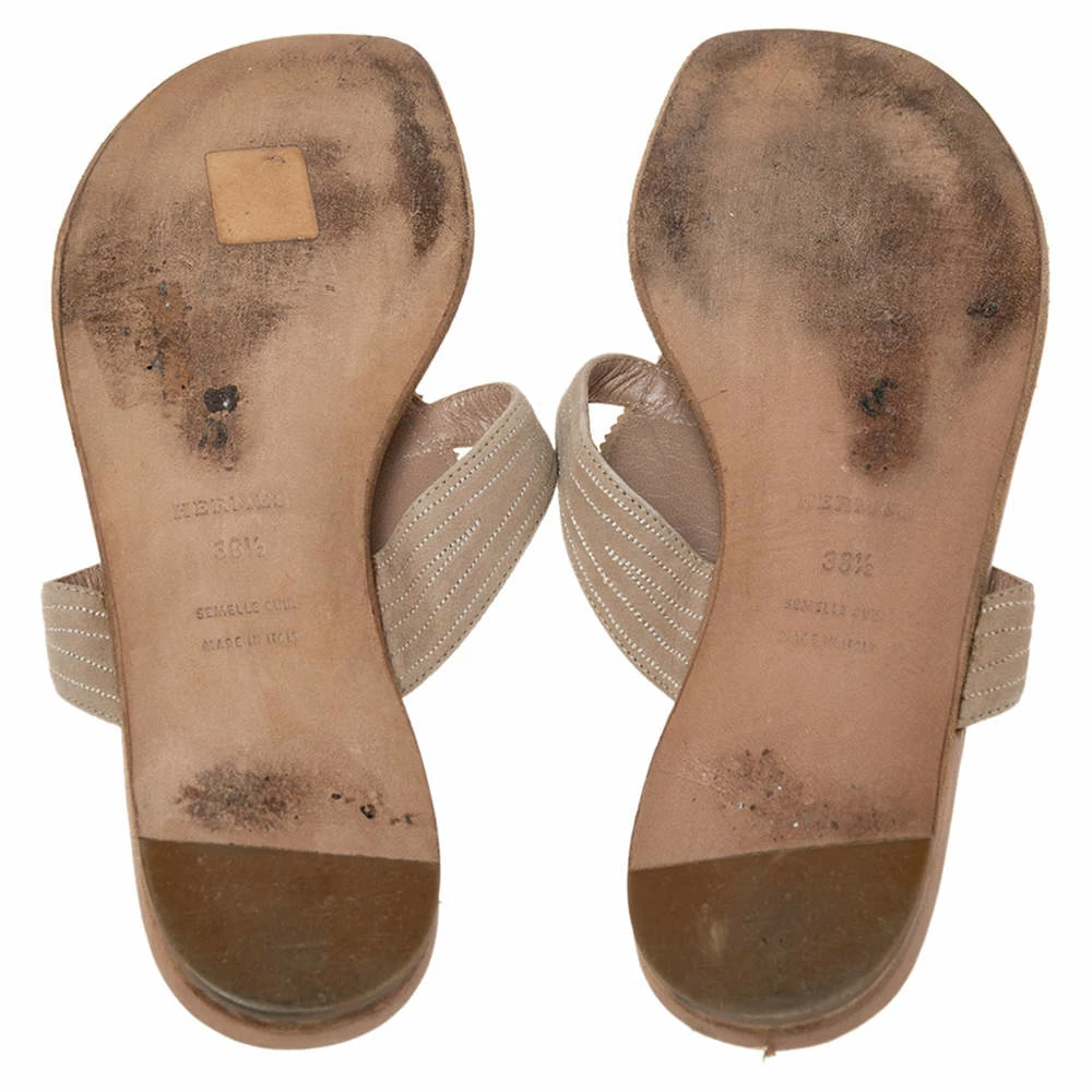 Hermes Beige/Brown Suede And Leather Embroidered Flat Sandals Size 38.5 For Women 8 Hermes Beige/Brown Suede And Leather Embroidered Flat Sandals Size 38.5 For Women - Image 6