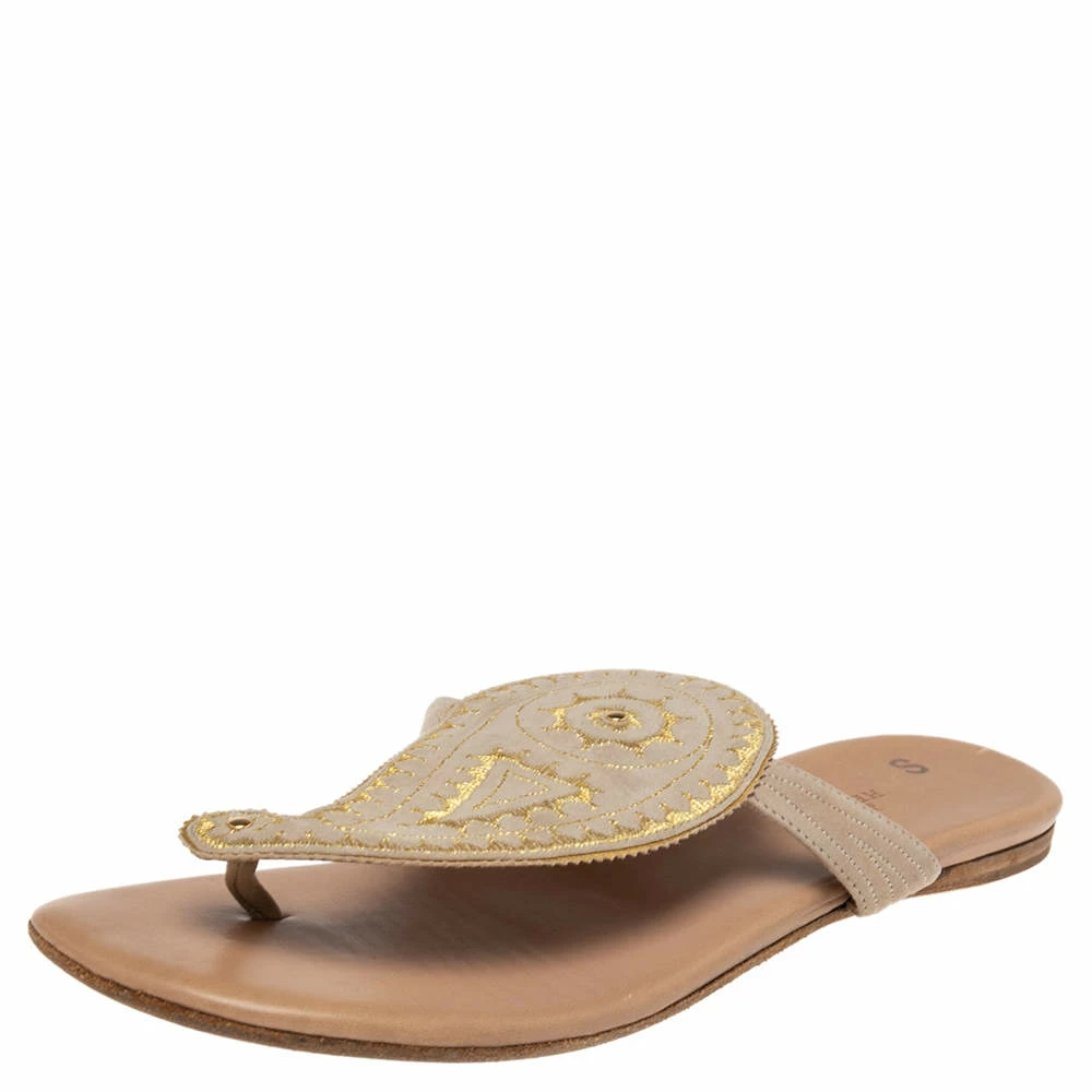 Hermes Beige/Brown Suede And Leather Embroidered Flat Sandals Size 38.5 For Women 3 Hermes Beige/Brown Suede And Leather Embroidered Flat Sandals Size 38.5 For Women